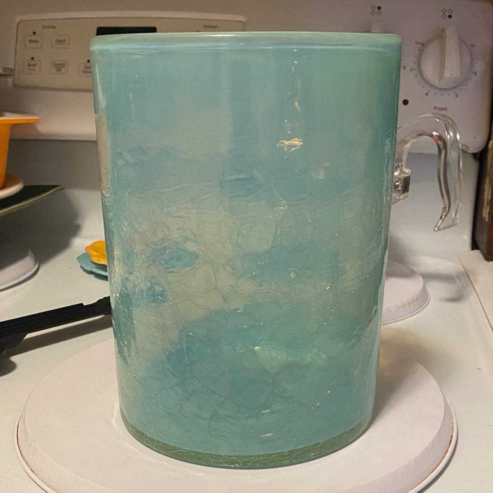 Art Glass Heavy Light Blue Vase Candle Holder 8” Tall